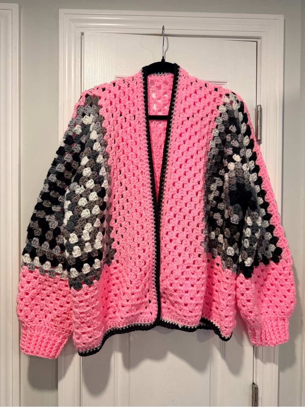 Handmade Crochet Granny Square One Size Cozy Cardigan Boho Chunky Knit Sweater